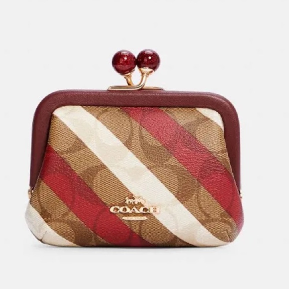 Coach Signature Stripe Kiss-Lock Coin Wallet in Brown, Red, Cream